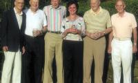 Six past Presidents of Fox Meadow Tennis Club at a party hosted by Barbara and Scott Wood at their Scarsdale home on Taunton Road in early 2000s. Chas Evans, Gil Erskine, Hank Otto, Barbara Wood, Dick Hebard and Bob Brown