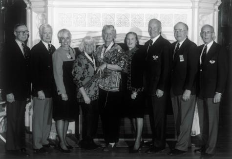 1992 APTA Honor Award Induction in Long Island of Nancy Mangan, Lucie Bel McAvoy and Charles (Chuck) Baird. L to R: Roger Cole, Paul Sullivan, Susan Beck Wasch, Nancy Mangan, Lucie Bel McAvoy, Peggy Stanton, Chuck Baird, Chuck Vasoll, Bob Brown