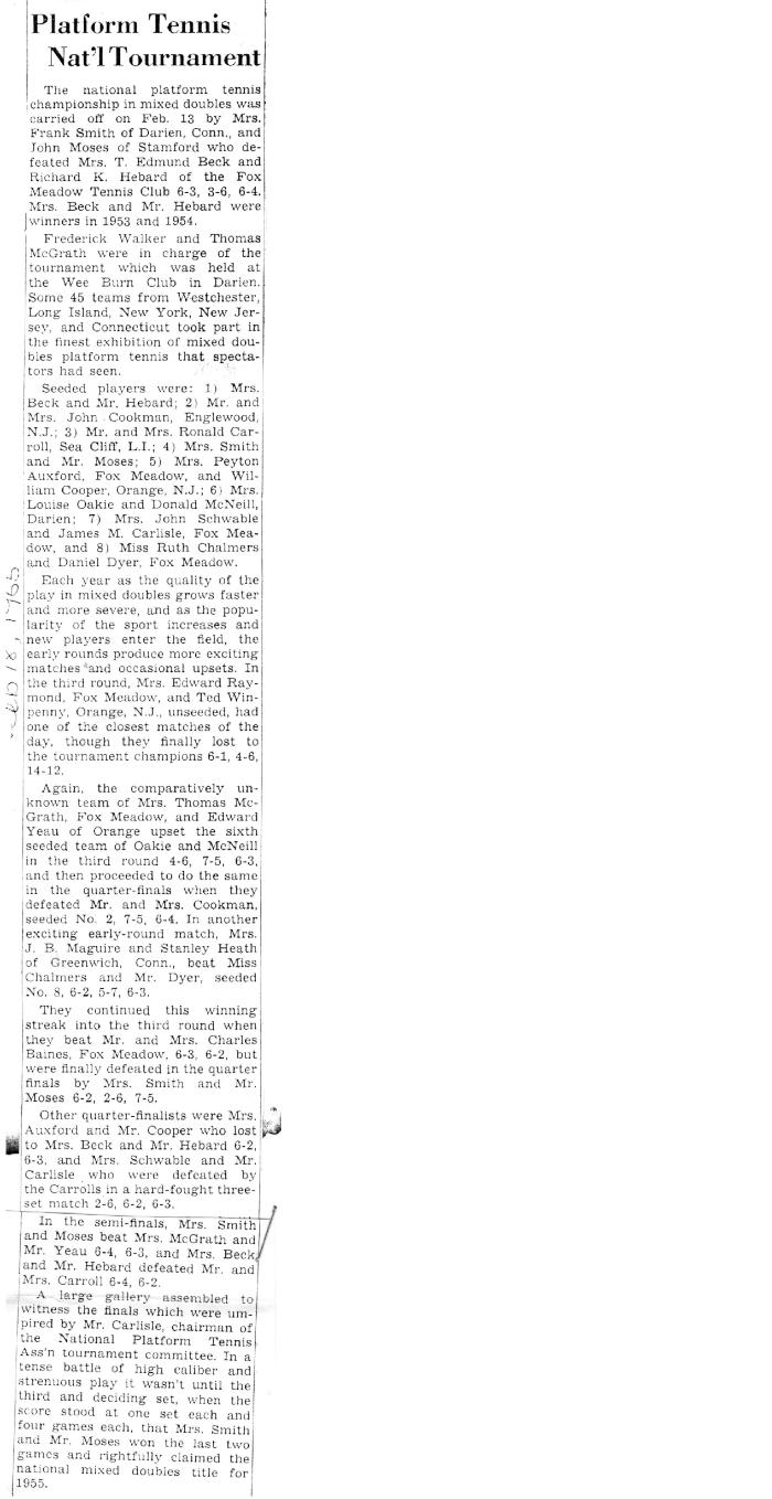 "Platform Tennis Nat'l Tournament" - coverage of 1955 Mixed Nationals at Wee Burn