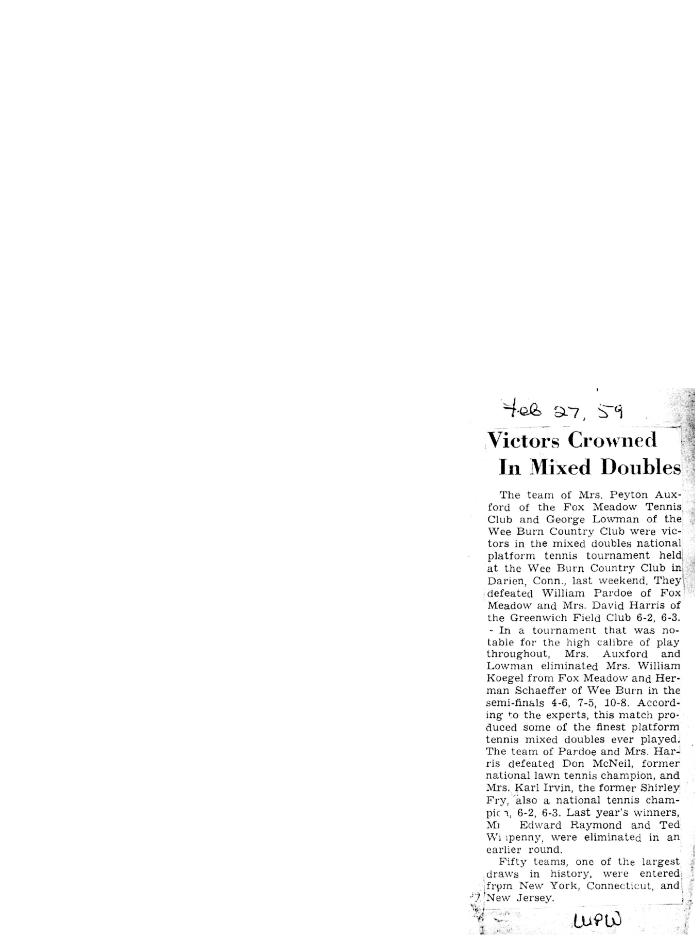 1959 Mixed Nationals coverage - Victors Crowned in Mixed Double (SI); Lowman Team Triumphs (NYT); Auxford inTop Platform Tennis Tandem (RD)