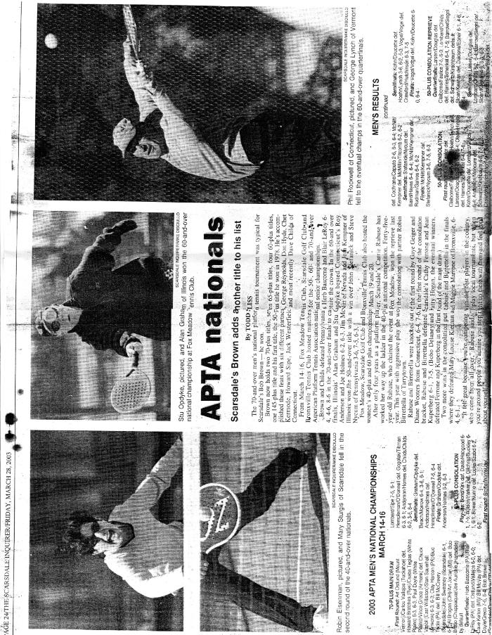 "APTA Nationals: Scarsdale's Brown adds another title to his list" - Scarsdale Inquirer article on Men's 50+, 60+, 70+ and Women's 40+, 60+ at Fox Meadow