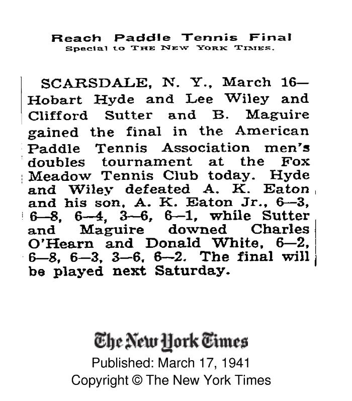 "Reach Paddle Tennis Final" - NYT article on semis of 1941 Men's Nationals at Fox Meadow