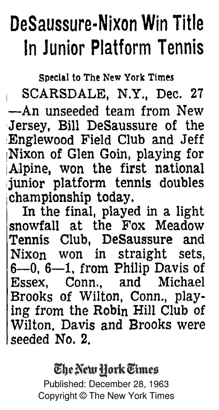 "DeSaussure-Nixon Win Title in Junior Platform Tennis" - coverage of first Junior Nationals at Fox Meadow