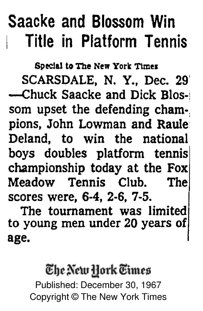 "Saake and Blossom Win Title in Platform Tennis" - NYT covers 1968 Junior Boy's at Fox Meadow