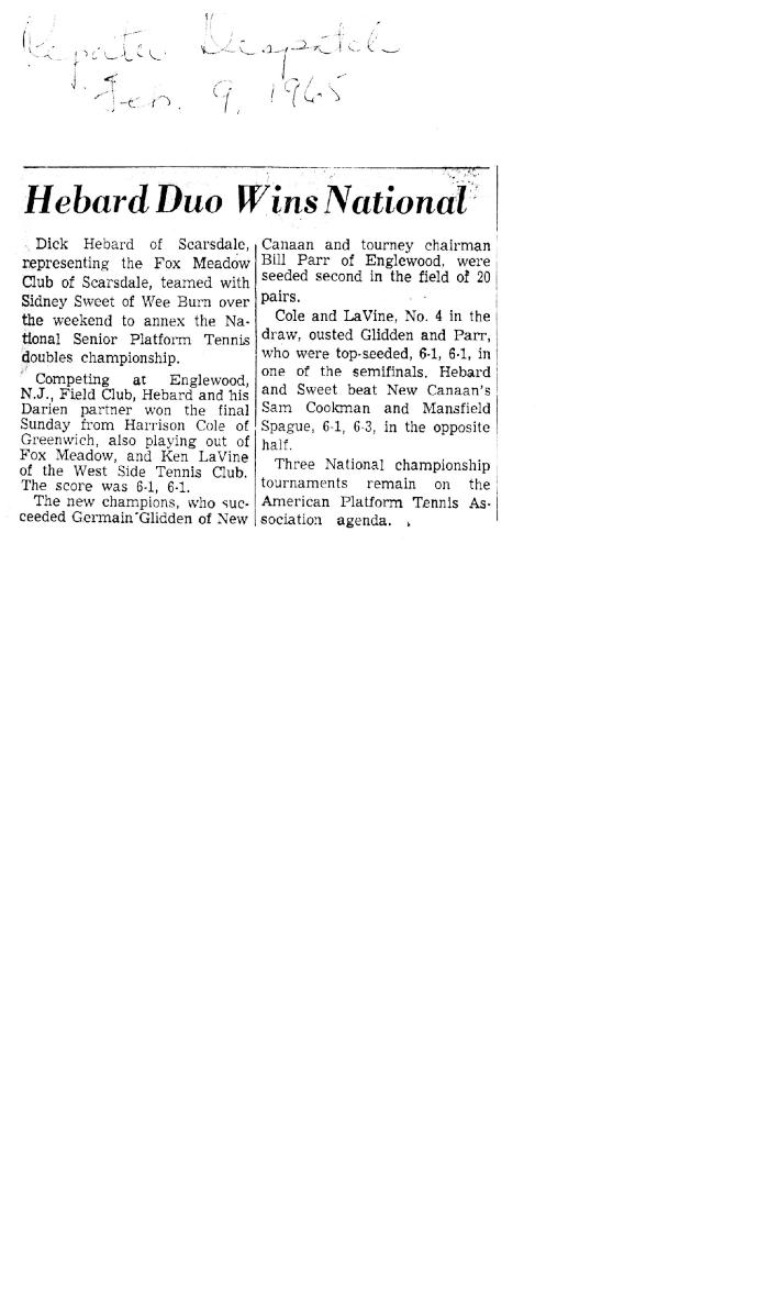 "Hebard Duo Wins Nationals" - coverage of 1965 Men's 50+ at Englewood Field Club