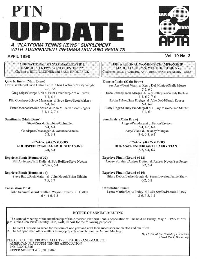 Platform Tennis News Update - April 1999