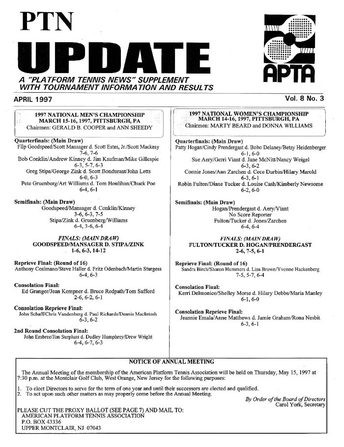 Platform Tennis News Update - April 1997