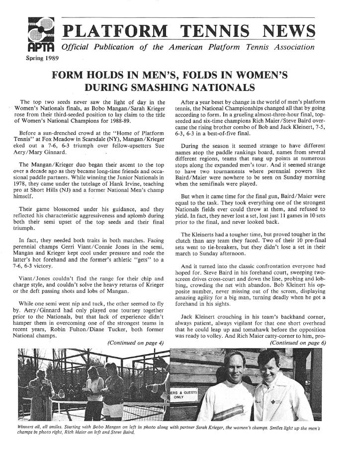 Platform Tennis News - Spring 1989