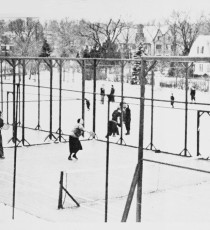 Winter activity at Fox Meadow in 1936 included paddle and ice-skating. Playing paddle are Fess Blanchard and his daughter Ruth (on the right) playing against Kitty Fuller and an unidentified partner.
 